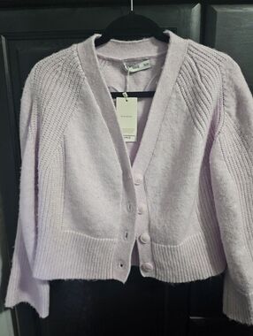 Mango Light Pink Cropped Wool Blend Cardigan